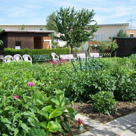 Garten mit kräftigem Pflanzenwuchs mit Sitzgelegenheiten und Gartenhäuschen im Hintergrund