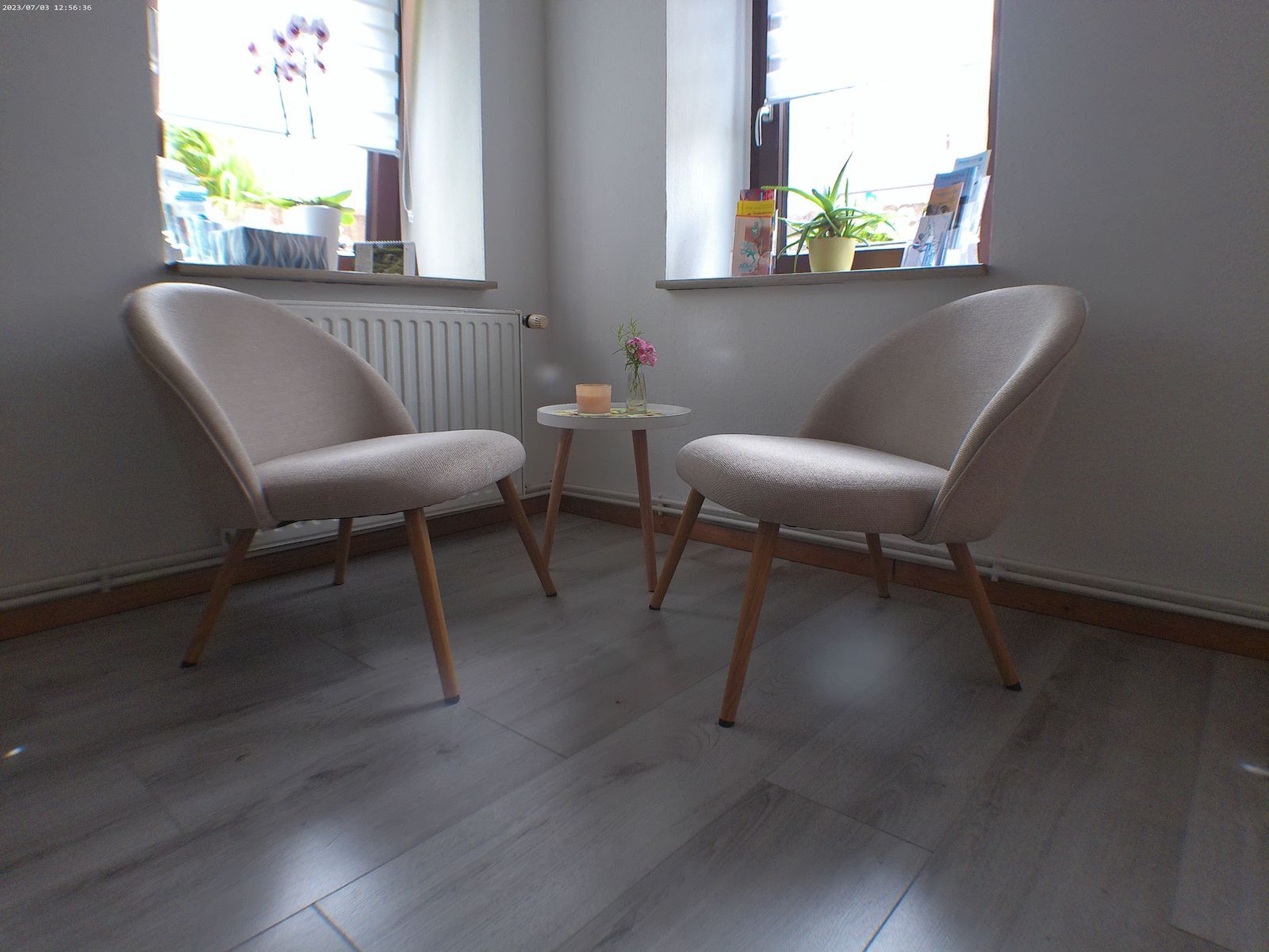 Einen Raum wo zwei Stuhle diese zeigen aufeinander. Auf den Fensterbrett stehen Pflanzen, Fleyer in Prospektständern.